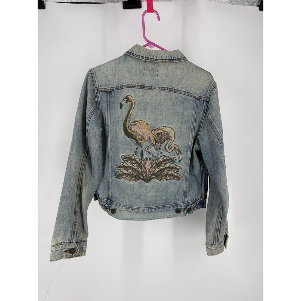 BDG Urban Outfitters Womens M Flamingo Embroidered Denim Trucker Jacket